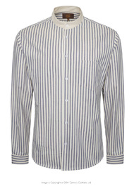 Tommys Collarless Shirt - Blue Ticking