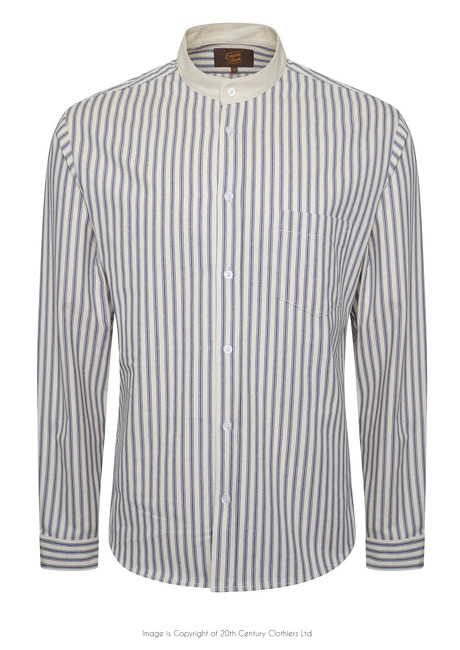 Tommys Collarless Shirt - Blue Ticking